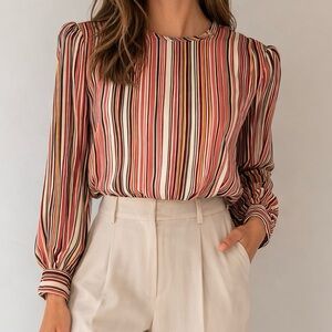 College Town Multicolor Stripe Blouse Button Shoulder Detail Retro Long Sleeve